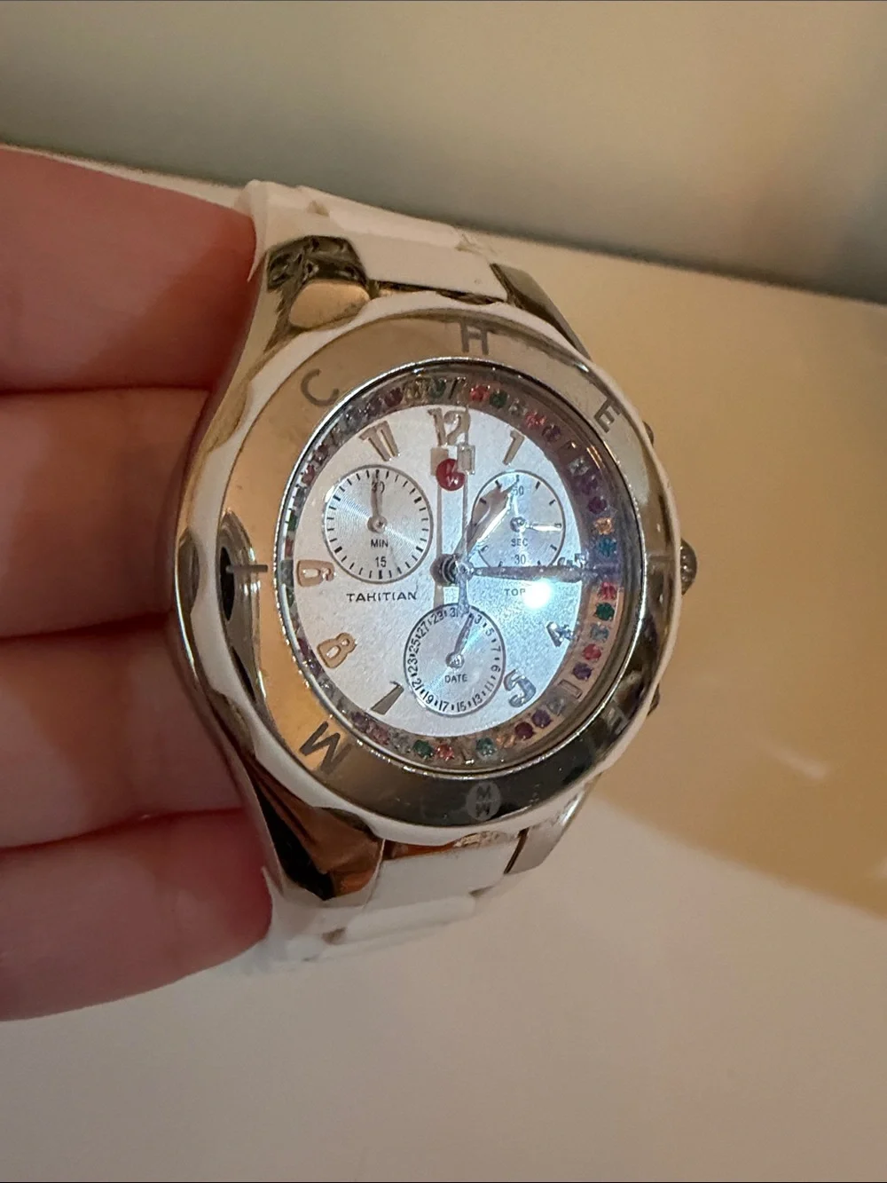 Michele White Stainless Steel Chronograph Watch w/ Multicolor Accents EUC